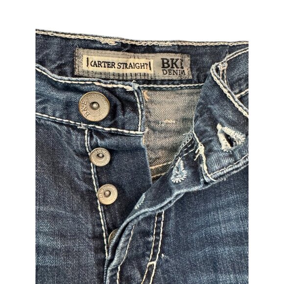 BKE Carter Straight Mens Jeans Size 33L Blue Distressed Button Fly Denim - Picture 4 of 7